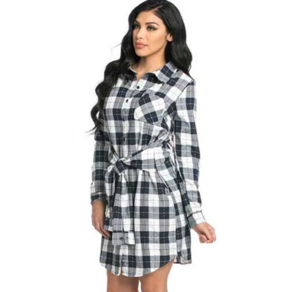 Boutique Dresses & Skirts - Women's Multicolor Collared Plaid Tie Waist Casual Long Sleeve Midi Shirt Dress
